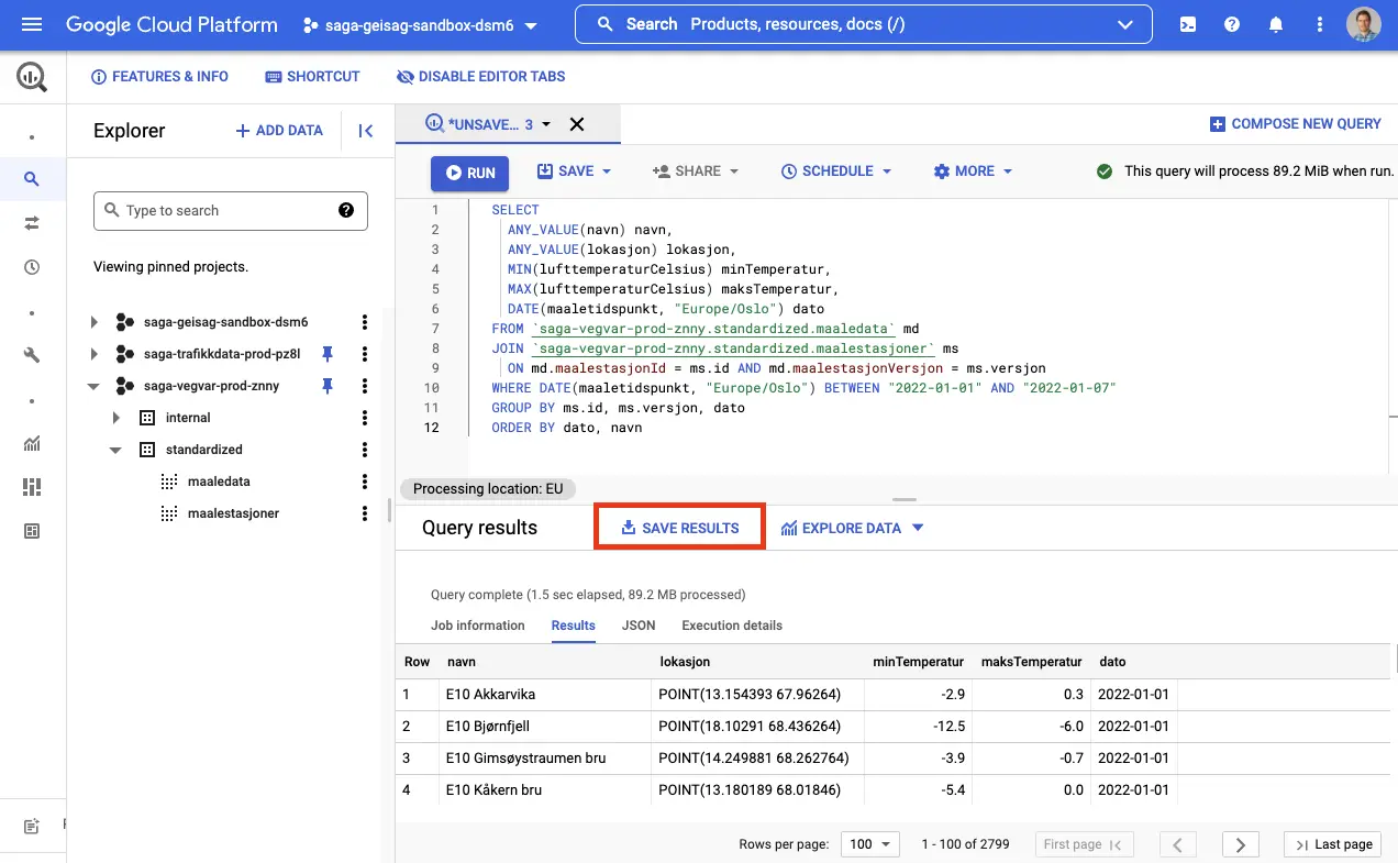 Lagre resultater i BigQuery console