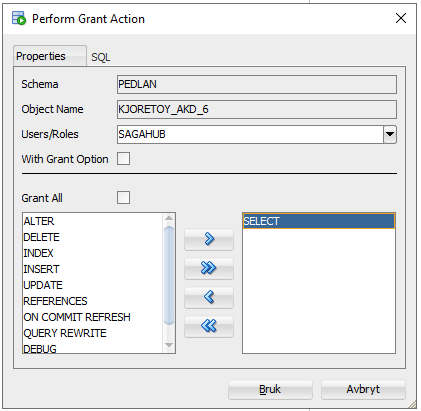 Dialog som viser hvordan gi lesetilgang til tabeller i SQL Developer