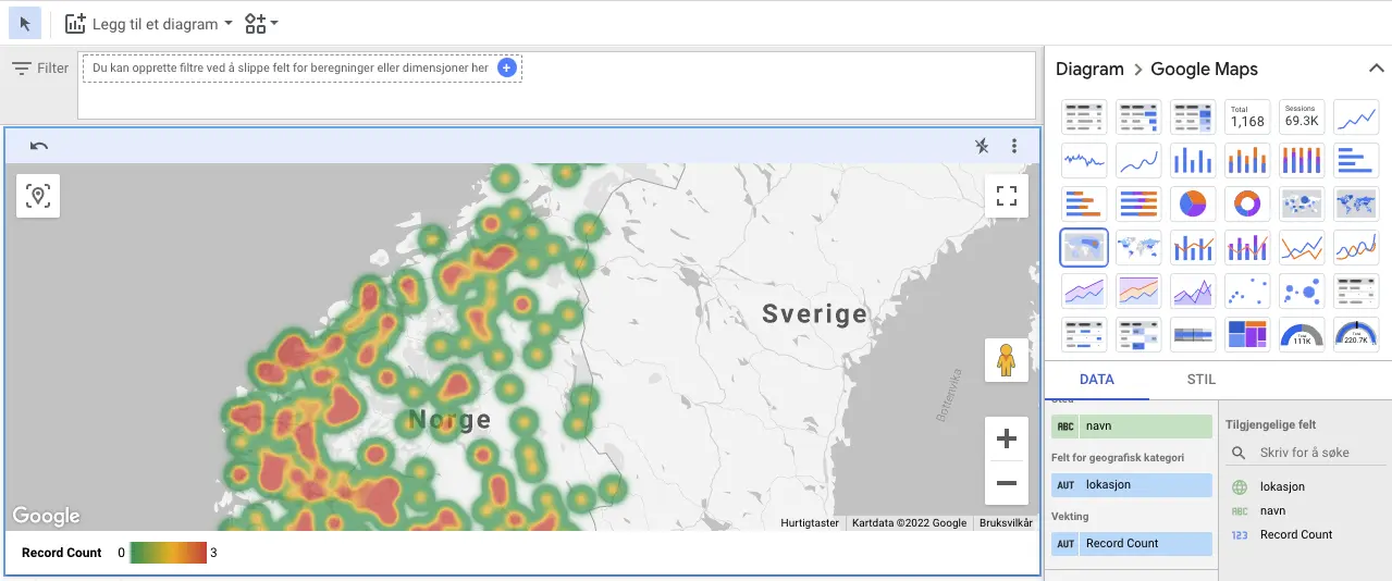 Heatmap av målestasjoner i Norge